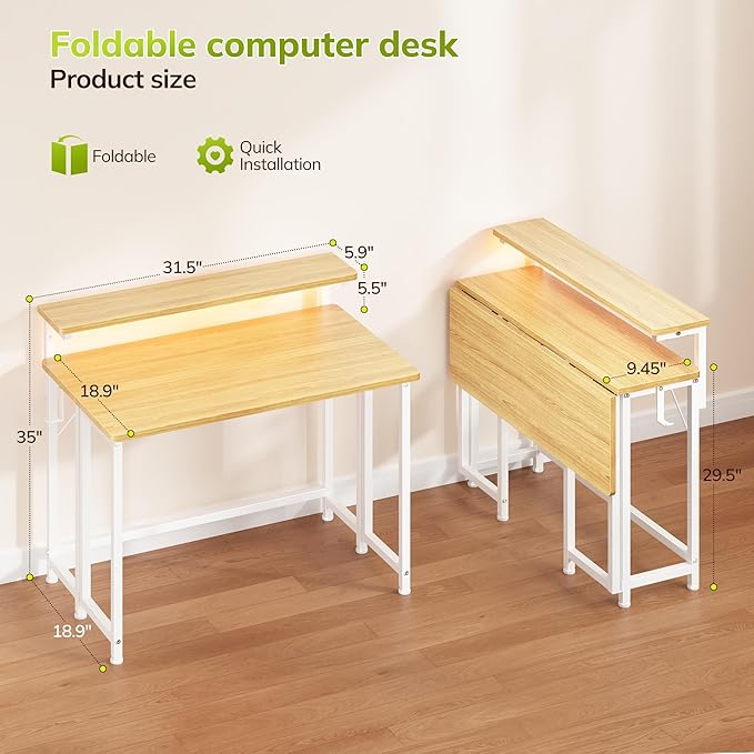 Folding Desk for Small Space,Foldable Computer Desk with Monitor Stand,31.5 Inch Small Desk with LED Lights for Bedroom Home Office,Writing Work Office Computer Desk with Hooks,Oak
