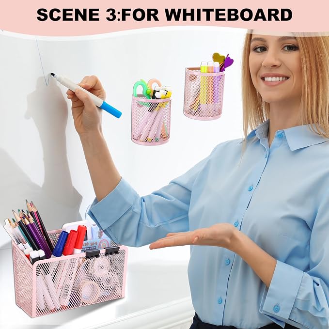 Sherr 3 Pcs Magnetic Pen Pencil Holder Set Magnets Wire Mesh Marker Holder Storage Basket for Locker Accessories Classroom Whiteboard Refrigerator and Home Wall, Macaron Color(Pink)