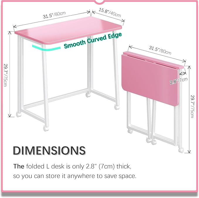 4NM 31.5" Mobile Small Folding Desk, Foldable Rolling Computer Home Office Desk, Study Writing Table for Small Space Saving Bedroom, with Wheels - Pink and White