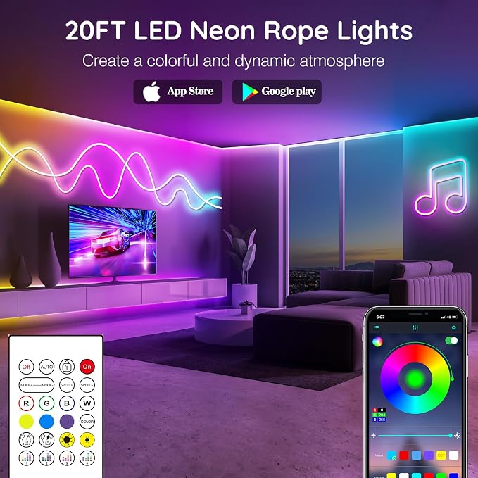 LETIANPAI 20Ft Neon Rope Lights,Flexible Led Rope Lights Control with App/Remote,Multiple Modes Music Sync Gaming RGB Led Neon Lights for Bedroom Outdoor (20FT/6M)
