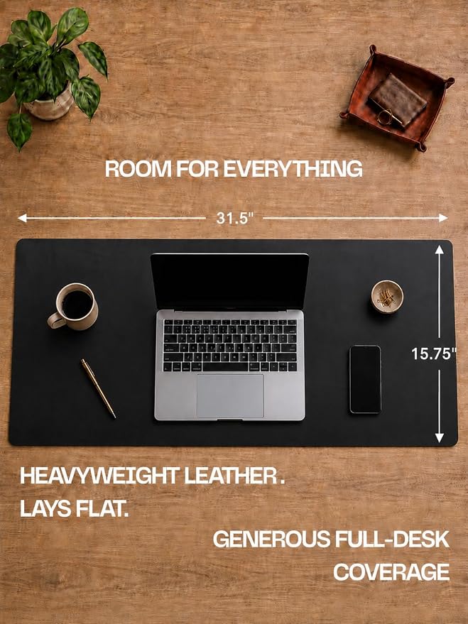 Genuine Leather Desk Pad, Office Desk Mat, Large Desk Blotter, Desk Protector, and Mouse Pad – 31.5" x 15.75" (1.8-2.0 mm) Black, Waterproof, Premium Quality for Desk Surface Protection and Comfort