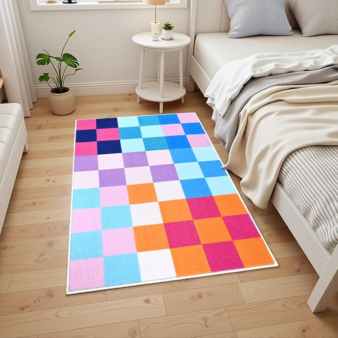 Terrug Multicolored Checkered Rug for Entryway,2x3 Small Area Rugs Washable with Non Slip for Kitchen,Soft Low Pile Retro Carpet for Bedroom Front Door Porch
