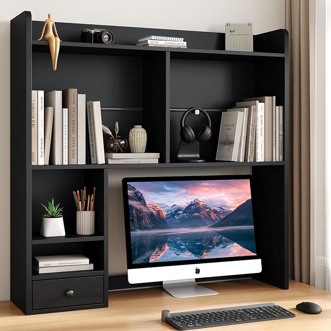 knoworld Desktop Bookshelf for 27" Monitor, Space-Saving Engineered Wood Desk Hutch Organizer with Adjustable Shelves & Drawer, Clutter-Free Tabletop Bookcase for Dorm & Home Office, Black