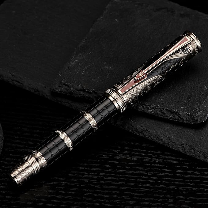 HONG DIAN D5 Qin Dynasty Fountain Pen Black Silver, Fine Nib Piston Filling Pen, Retro Chinese Totem Engraving Smooth Writing Pen with Pen Box Set