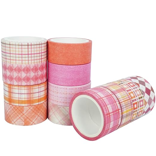 Basic Grid Washi Tape Set 12 Rolls Plaid Decorative Masking Tapes for Arts, DIY Crafts, Journals, Planners, Scrapbook, Wrapping (Pink)
