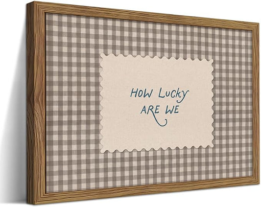 How Lucky Are We Wall Art, Vintage Gingham Inspirational Canvas Wall Decor Painting, Funky Preppy Stripe Quotes Poster Print Picture for Bedroom Dorm Apartment Decor 12x16 Inch Framed