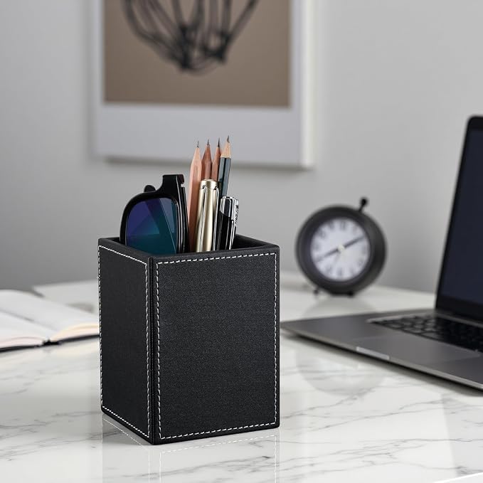 PU Leather Square Pens Pencils Holder Cup Desktop Stationery Organizer Case Office Accessories Container Box (black)