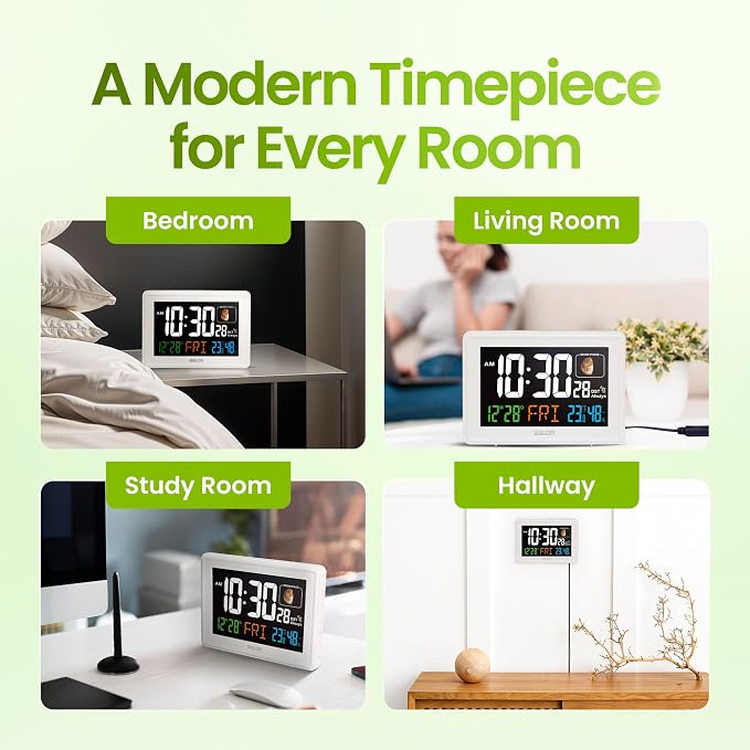 Baldr Digital Alarm Atomic Clock, 7'' Display with Adjustable Brightness | Large Desk Clock Indoor Temperature, Humidity & Moon Phase for Living Room Bedroom, Adapter Powered, White