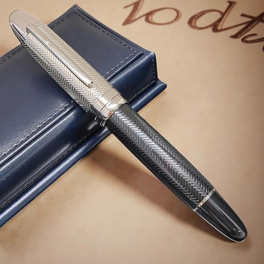 Luxury Fountain Pen, Fine Nib (F) Gold Trim Classic Executive Writing Pen,18K Gold Plated Nib, Professional Business Gift with Ink Refill Converter (Wavy Silvery Black)