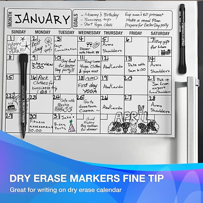 Magnetic Dry Erase Markers Fine Tip Black : 12 White Board Dry Erase Markers with Eraser Cap, Low Odor Erasable Fine Point Markers for Teachers, Home, Office and School Supplies