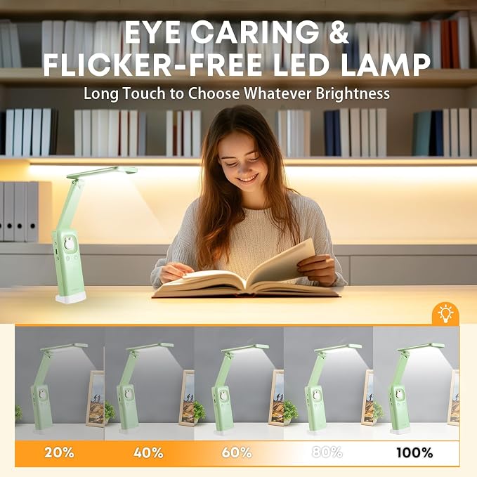 VAVOFO Cute Bunny Desk Lamp, Foldable LED Rechargeable Eye-Caring Reading Light, 3 Color Modes Dimmable Night Light for Kids Girls Bedroom Study Dorm Room (Mint Green)