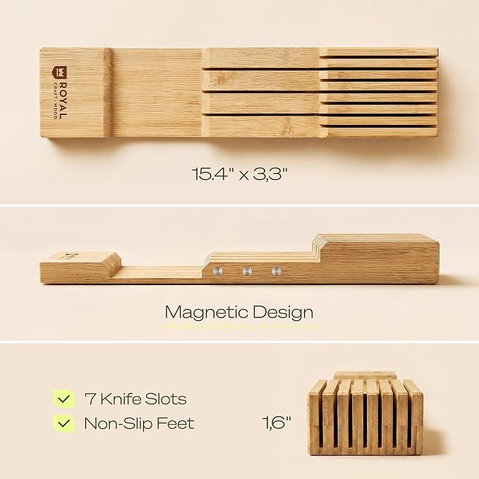Drawer Organizer for Kitchen Organization – Expandable Bamboo Silverware Drawer Organizer with Removable Knife Block, Bamboo Cutlery, Non-Slip Utensil Organizer with 7-Slot Knife Storage for Flatware