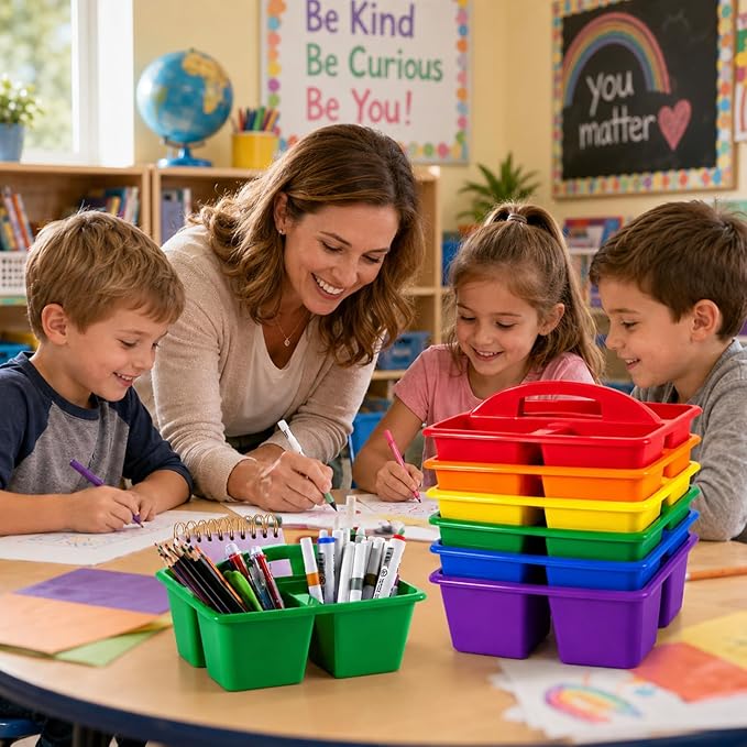 12 Pack Classroom Caddy with Handle Plastic Storage Caddy Organizer with 3 Compartments Desk Caddies Holder Portable Storage Bin for Pencil, Crayon, Marker, Home, Office, School Supply(Rainbow)