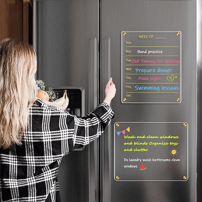 WALGLASS Acrylic Calendar for Fridge, 8.5"x11" Gold Weekly Clear Acrylic Magnetic Dry Erase Board for Refrigerator, Set of 2 Stronger-Magnetic Reusable Fridge Planner, Includes 8 Liquid Chalk Markers