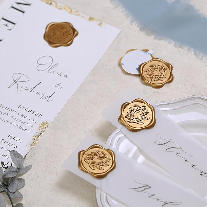 UNIQOOO Wax Seal Stickers - Olive Branch Wedding Invitation Envelope Seal Stickers, 100 Pcs Self- Adhesive Antique Gold Stickers, Perfect for Invitation, Christmas, Gift Wrapping