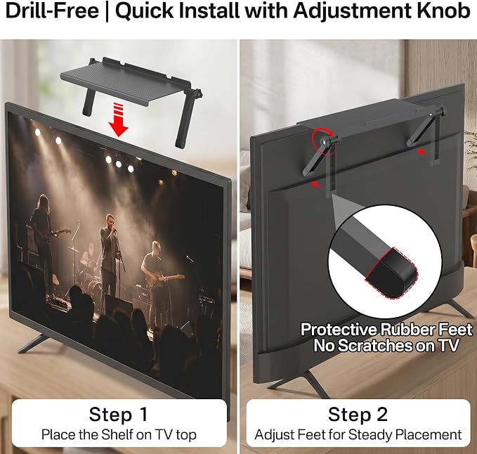 13" × 6.3" TV Top Shelf with Remote Holder - No Drill Top of TV Shelf with Anti-Scratch Adjustable Feet for Streaming Devices, Cable Box, Router & Decorations TV Top Mount Shelf, 1 Pack