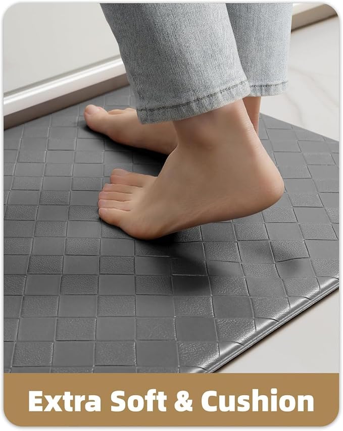 Color&Geometry Checkered Kitchen Mat 24x59+24x87 for Floor,Wide Set/2,Grey | Waterproof&Oil Proof, Easy Clean Kitchen Rug For Large/Busy Homes, Anti Fatigue 0.4in Cushion For Long Standing, Non Slip