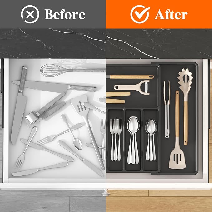 Lifewit Silverware Drawer Organizer, Expandable Utensil Tray for Kitchen, BPA Free Flatware and Cutlery Holder, Adjustable Plastic Storage for Spoons Forks Knives, 15- 27 x 18.5", Black