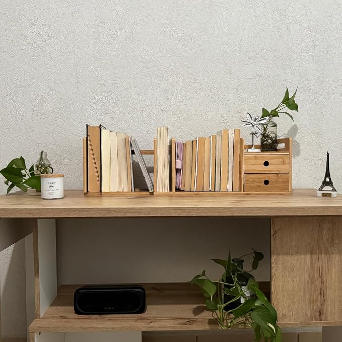 Desktop Bookshelf Expandable with Two Drawer Organizers Made of Bamboo, Collapsible Design & Compartments for Efficient, Clutter-Free Workspace Organization - Sleek Bookshelf