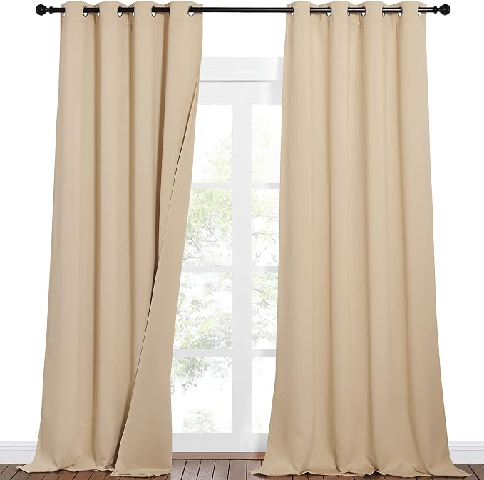 NICETOWN Noise Reducing Room Divider Curtains High Ceiling Window, Privacy & Completely Shaded Sound Blocking Drapes, Lined Insulated Window Treatment Panels (Biscotti Beige, 2 Pieces, W52 x L108)