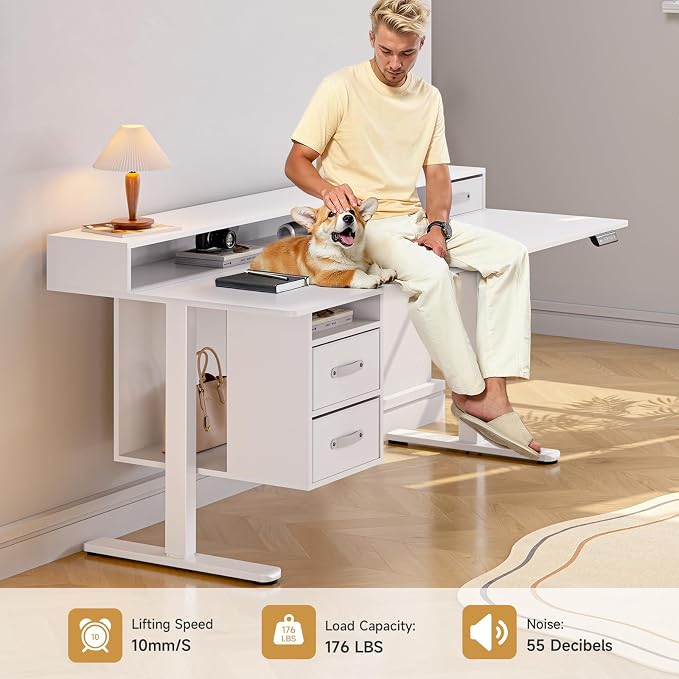 ONBRILL Standing Desk with Drawers, 63x24 Inch Electric Stand Up Desk with 3 Drawers and Open Storage Shelf, Adjustable Height 28-46 Inches for Home and Computer Workstation, White
