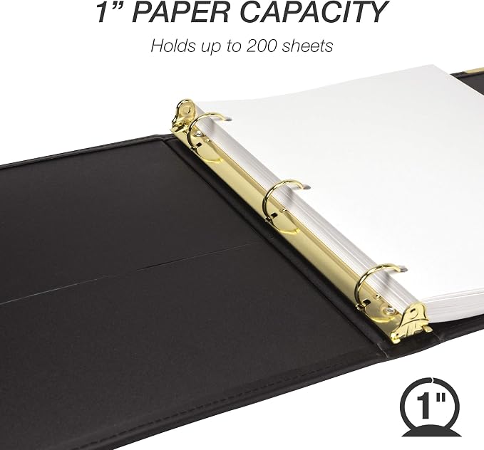Samsill Leather Binder, Classic Collection, 3 Ring, Executive Presentation Portfolio, 1 Inch (Holds 200 Sheets), Brass Round Ring, Black