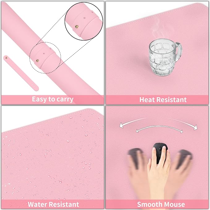 Dual-Sided Desk Mat, Large Pad, Waterproof Smooth PU Leather Blotter Protector, Mouse Pad, Desk Organizers, Office/Home Table Decor for Reading and Writing (Light Pink+Blue, 47.2''23.6'')