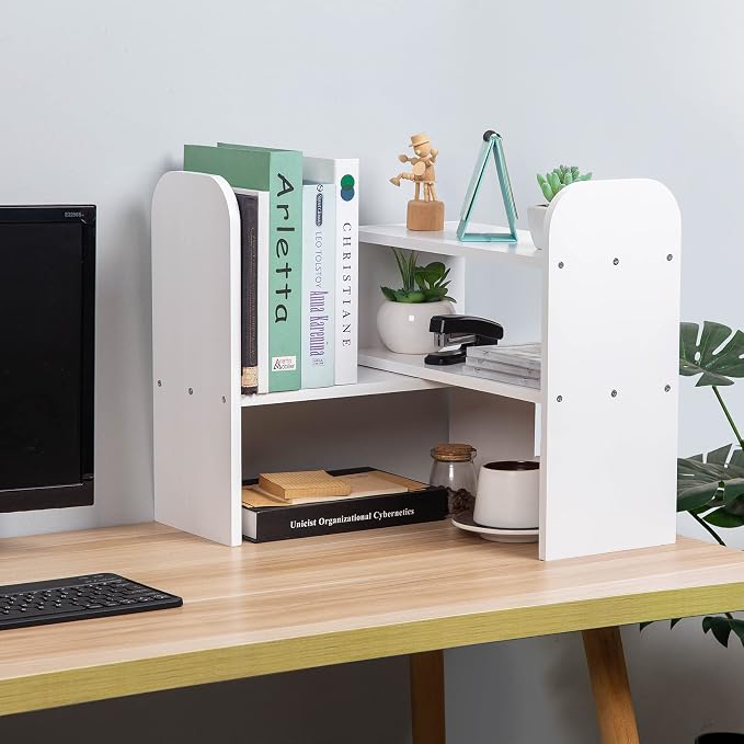 Desktop Adjustable Natural Wood Book Shelf Organizer Office Storage Rack Display Stand Caddy Set Expandable Desk Organizer (White)