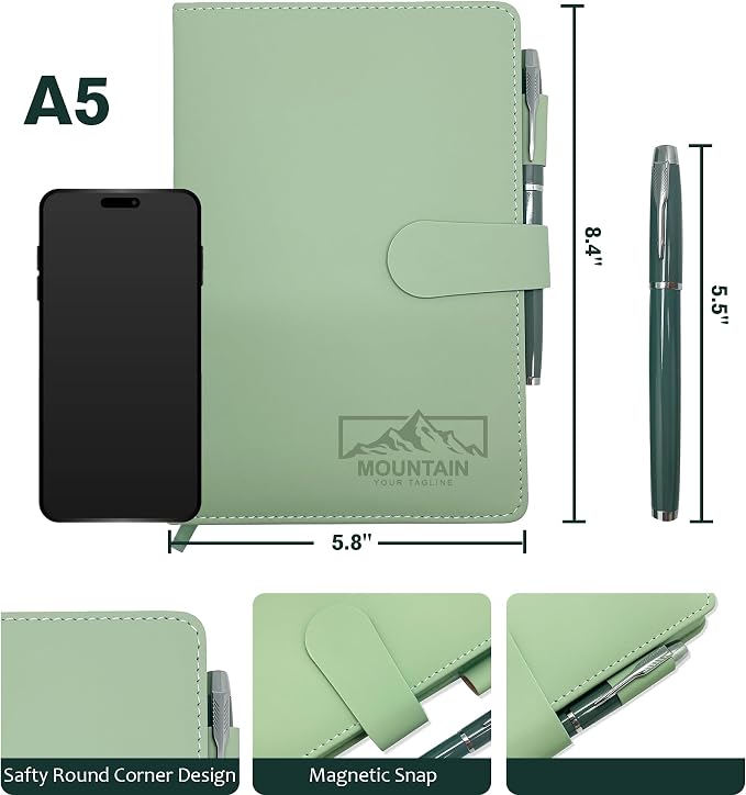 Personalized Notebook with Pen and Gift Box, Custom Logo Leather Journal, Gifts for Women Men, Engraved Journals To Write In, Birthday, Best Friend, Mom, Sister, Corporate, Business Gift (Logo-Green)