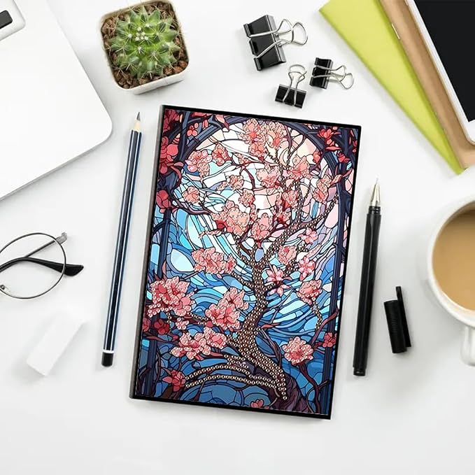 FRANDEK Pearl Painting Notebook Kit, Red Flower Tree A5 DIY Journal with 50 Blank Pages, Diamond Gem Art Cover with Waterproof Canvas, Beginner Craft Set with Full Tools for Adults