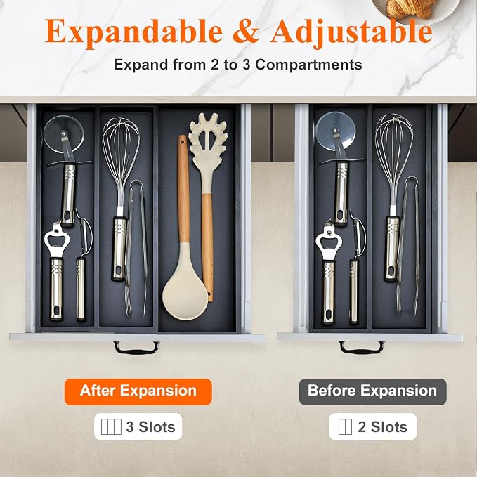 Expandable Black Bamboo Kitchen Utensils Drawer Organizer Silverware Tray | Large Cooking Utensil Tray Drawer Divider Insert Big Spatula Cutlery Holder Knife Spoon Flatware Wood Kitchen Tool Organizer
