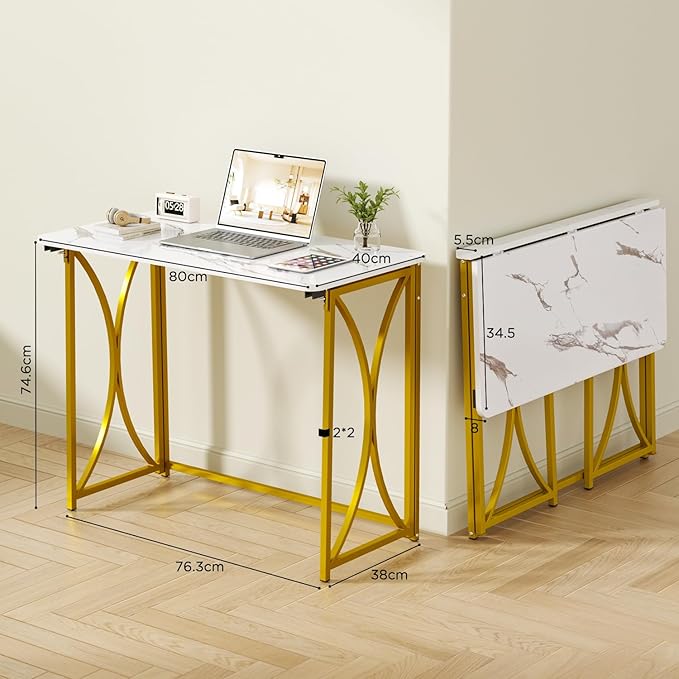 Folding Desk, 31.5" Small Desk for Bedroom, Space Saving Foldable Computer Desk for Home Office, Easy Assembly, White and Gold