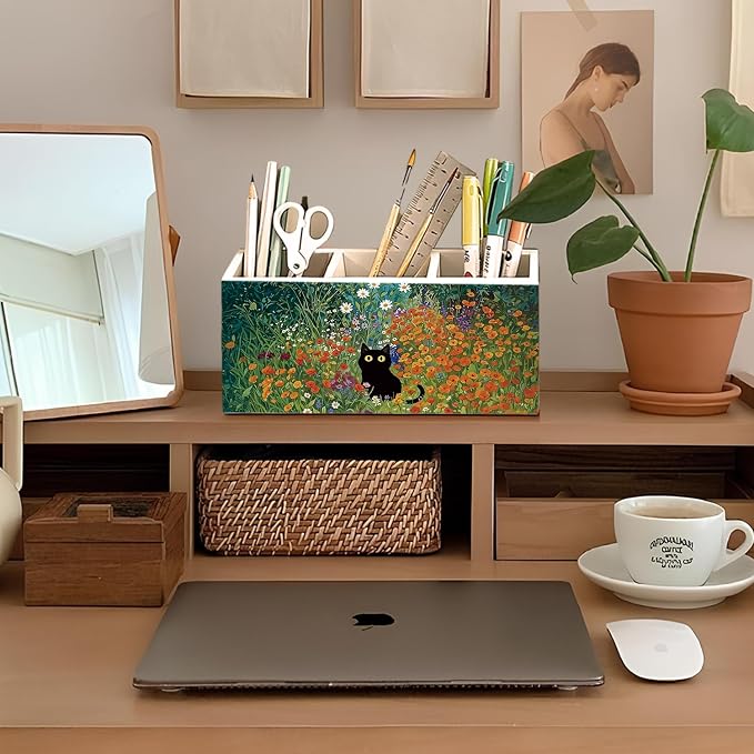 Black Cat Pen Pencil Holder for Desk, Black Cat Mom Lady Lovers Gifts for Women, Pet Lover Gifts, Cottagecore Wildflower Kitten Wooden Box Sign Decorations for Home Office Desk Tabletop