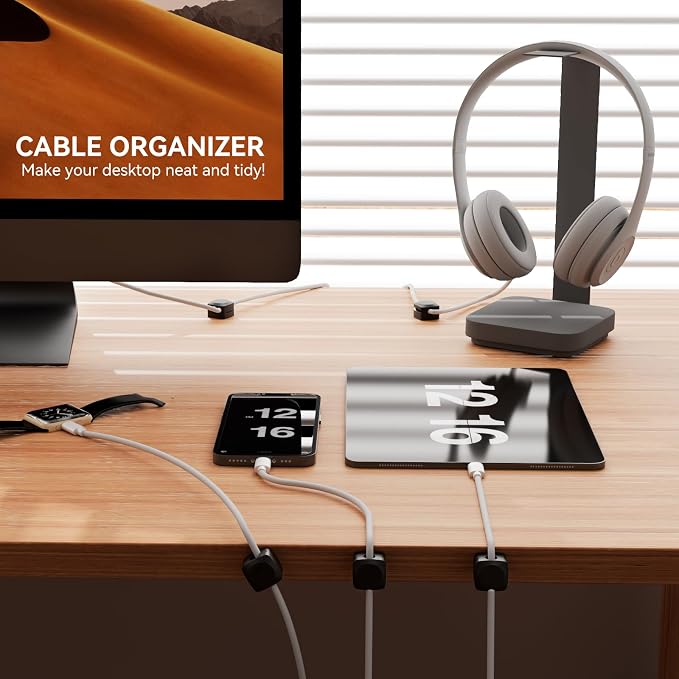 Daisyhome Rotatable Cord Organizer, Strong Adhesive Spring Cable Clips | Enhanced Cable Organizer Cord Clips, Desk Cord Holder for Nightstand, Office Accessories and Car (4*White+4*Black)
