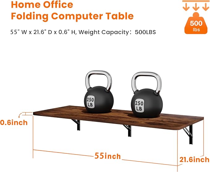 IAE Wall Mounted Floating Foldable Desk, 55" x 22" Folding Computer Workstation Table with Engineered Wood and Metal Shelf Brackets,Fold&Floating Design for Home Office, Apartment,Laundry Room,Rustic