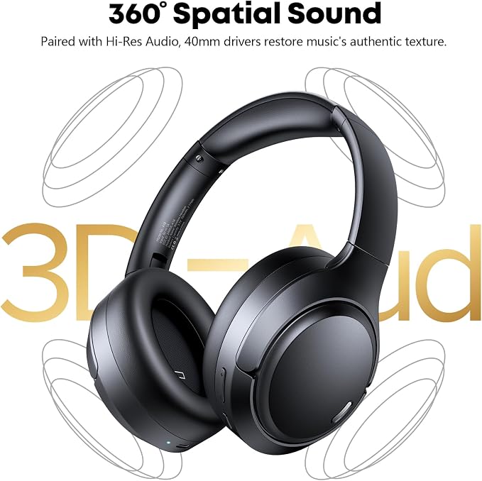 Hybrid Active Noise Cancelling Bluetooth 6.0 Headphones 120H Long Playtime, 6 ENC Mic, Over Ear Headphones Wireless, Hi-Res Audio, Memory Foam Earcup, Transparency Mode ANC Headphone for Travel Office