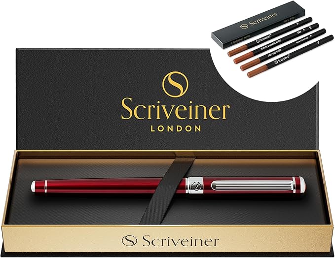 Scriveiner Deep Crimson Red Rollerball - Luxury Pen with Chrome Finish and Red Lacquer, Includes 4 Black Fine Rollerball Refills