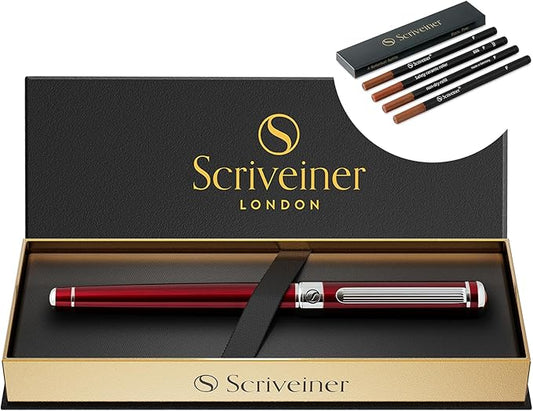 Scriveiner Deep Crimson Red Rollerball - Luxury Pen with Chrome Finish and Red Lacquer, Includes 4 Black Fine Rollerball Refills