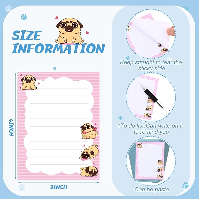 12 Pieces Pug Puppies Sticky to Do List Dog Sticky Notes Puppy Lover Gifts 3 x 4 Inch Adhesive Notepad for Memo Reminder Journal Studying Home Gift Office Decor Accessories