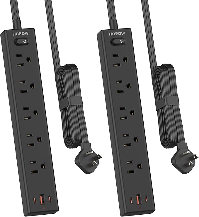 HOPOW Flat Plug Power Strip, 2 Pack, 6 Ft Ultra Thin Flat Extension Cord, Surge Protector with 5 Outlets & 3 USB Ports (2 USB C Slots), 1700 Joules, 3-Prong, Wall Mount for Home Office Dorm, Black