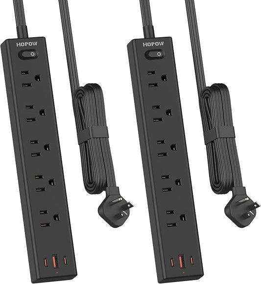 HOPOW Flat Plug Power Strip, 2 Pack, 6 Ft Ultra Thin Flat Extension Cord, Surge Protector with 5 Outlets & 3 USB Ports (2 USB C Slots), 1700 Joules, 3-Prong, Wall Mount for Home Office Dorm, Black