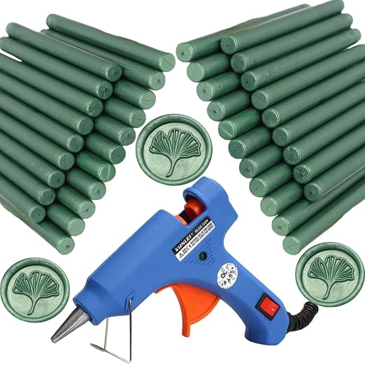 Wax Seal Kit, Atopbb 40Pcs Olive Green Sealing Wax Sticks with Glue Gun Great for WaxSeal Stamp, WaxSeal Sticks Used for Wedding, Invitations and Gift Wrapping (40, Olive Green)