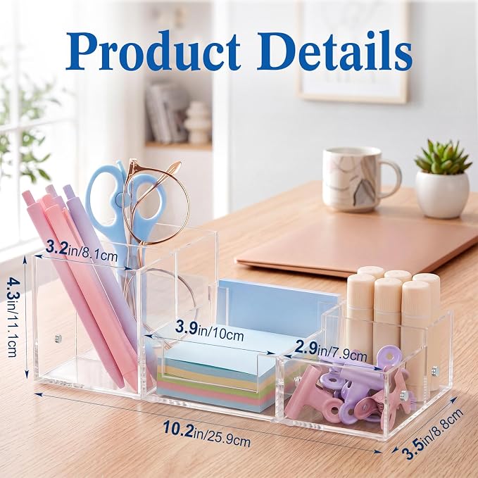 Novabright Magnetic Acrylic Desk Organizer, 3-in-1 Modular Pen Holder, Clear Desktop Stationery Caddy with Sticky Note Tray, 6 Compartments Office & Home Desk Storage Organizer