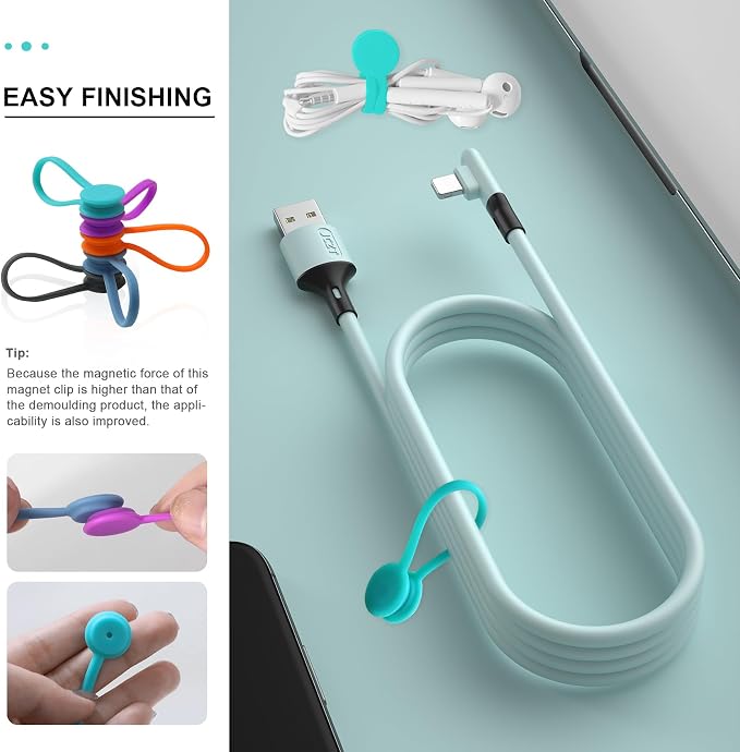 Kanemc Magnetic Cable Ties,Silicone Cord Ties Twist Ties(10PCS,Multicolor) | Reusable Magnetic Cable Organizer,Magnetic Cord Ties with Strong Magnet for Cable Bundling,Earphone Cords Wrap for Travel