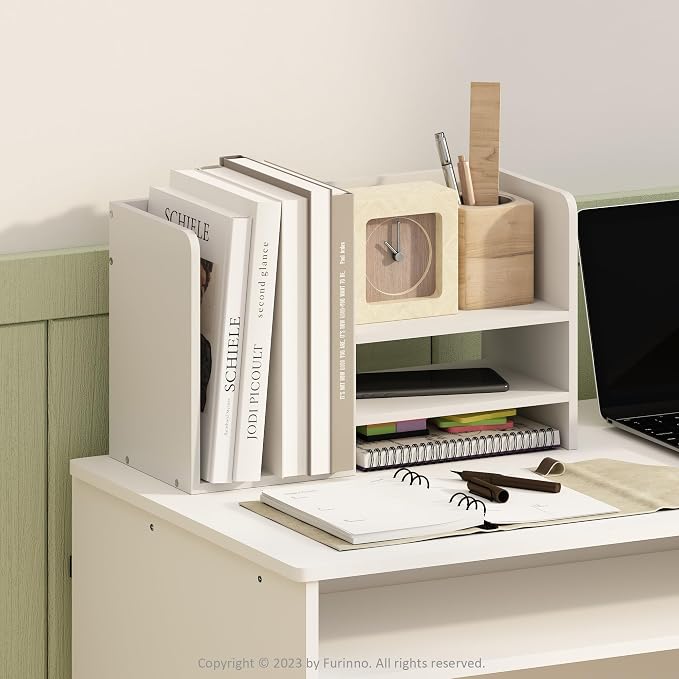 Furinno HERMITE Desk Organizers, Office Organization with Accessories and Vertical File Holder, 3-Shelf Desktop Book Shelf, for Office Supplies, Desk Accessories, for Study Room, Dorm, White