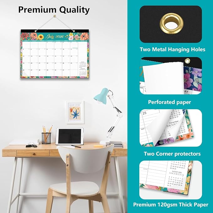 Desk Calendar 2026-2027 - 18 Month Desk Calendar july 2026-2027 Dec, 17" x 12", Large Monthly Desktop Calendar with Plastic Cover, Thick Paper, Corner Protectors - Floral (2 Stickers Included)