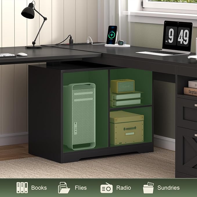 66 inch Farmhouse L Shaped Standing Desk with Storage for Home Office | Corner Electric Standing Desk with Drawers ＆ Storage Shelves, Height Adjustable Computer Desk with Power Outlets, Black