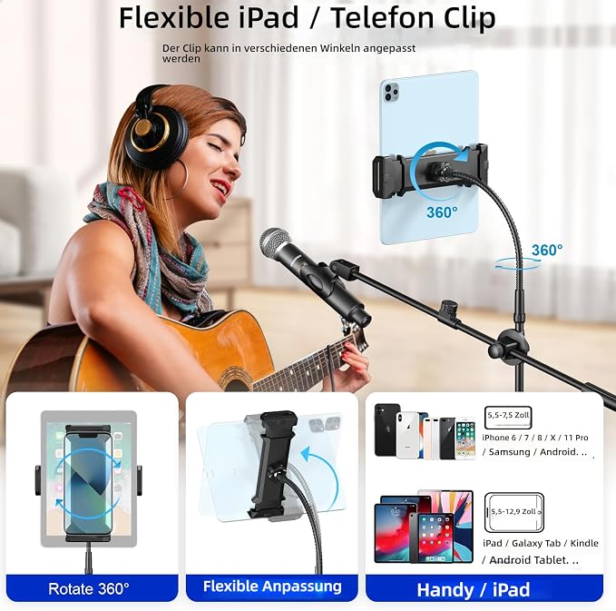 Mic Stand, 6-in-1 Microphone Stand with Floor Boom, Support Boom, Gooseneck, Mic Clips, Tablet Phone Holder, Black, Metal, Portable, Adjustable