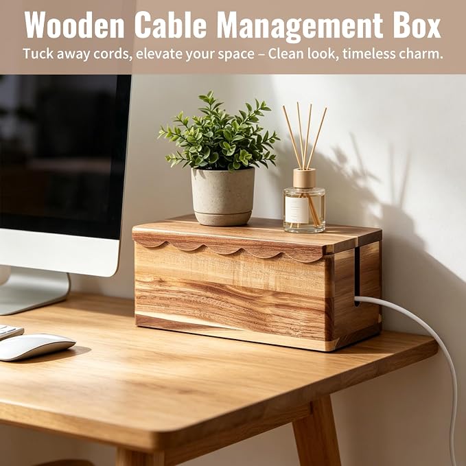 Large Cable Management Box Scalloped Edge, Acacia Wood Cable Organizer Box & Power Strip Box for Electrical Cord Management, Hide Desk Cord and Floor Cables, Wire Storage and Organization for Cords