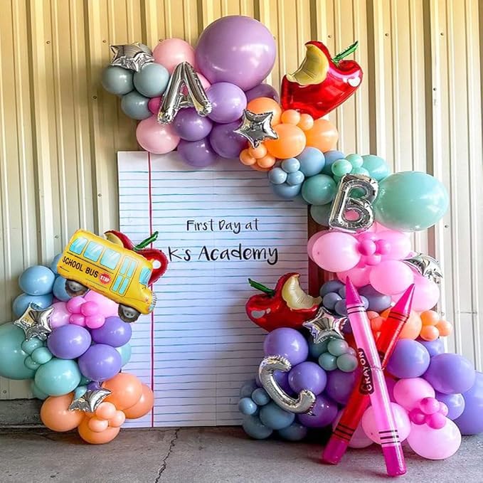 Back to School Balloon Arch Kit,Retro pink purple green Balloons Pencil Apple Bus ABC Foil Balloons for Welcome Back To School Classroom Party First Day of School Kindergarten Decorations